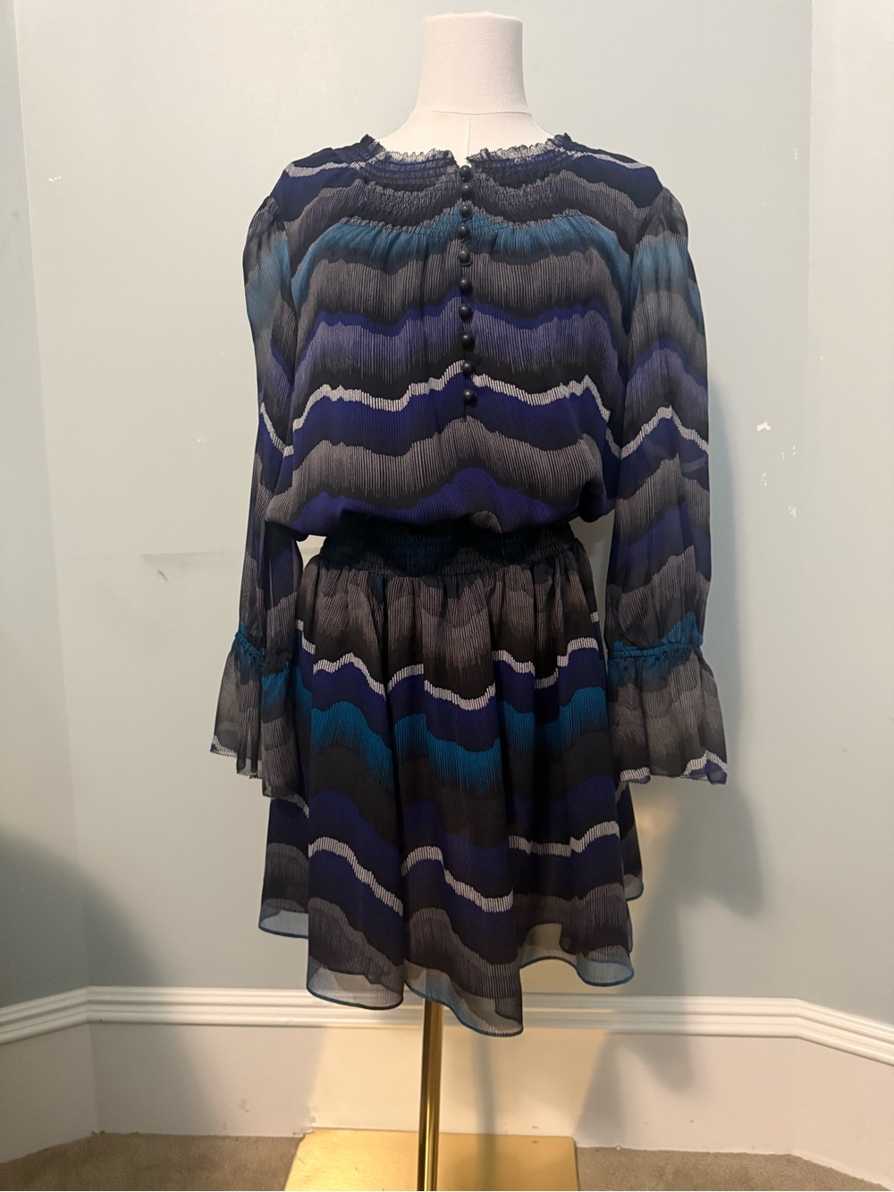 Diane Von Furstenberg Navy, Blue & Gray Long Sleeve Silk Dress